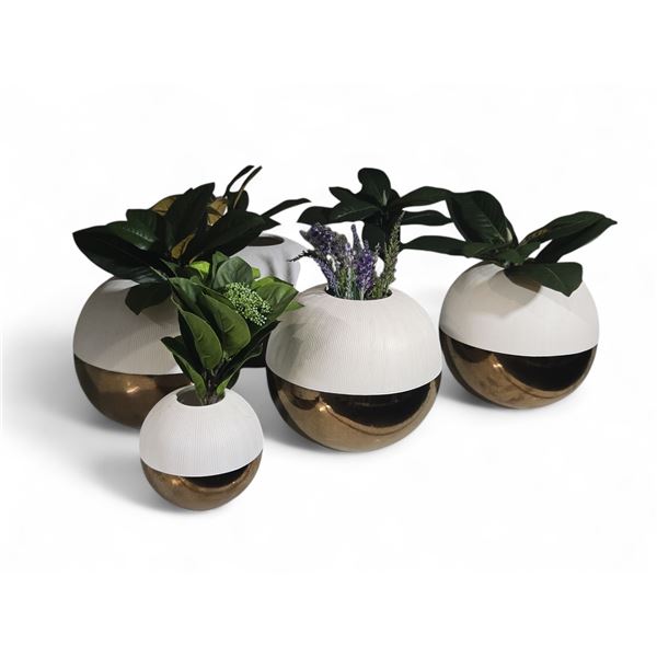 Group - White & Bronze Sherical Planters / Vases