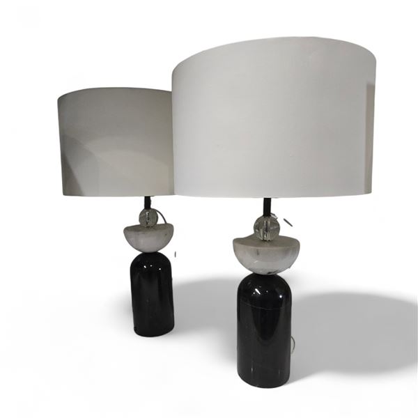 2 pc - FlowDecor White & Black Marble Lamps w/ Shades - 27"H