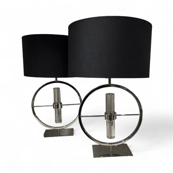 2 pc - Chrome & Glass Modern Lamps w/ Black Shades - 26"H