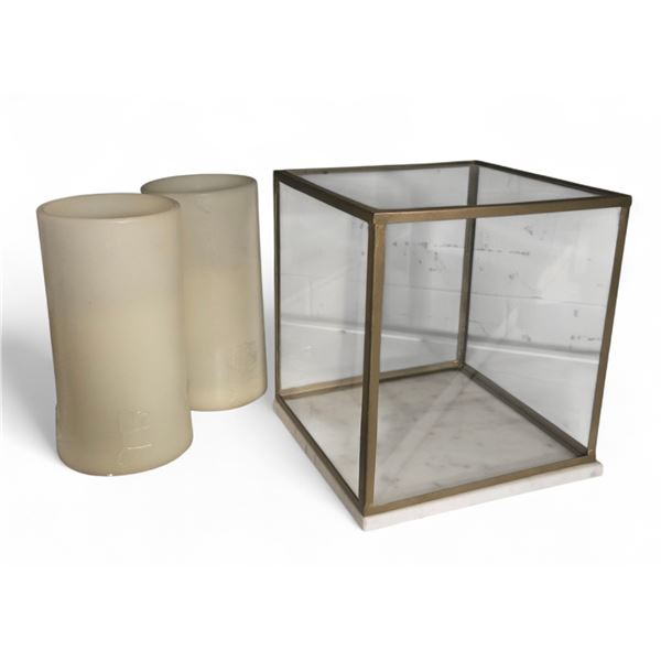 Glass Marble & Gold Framed Lantern Box w/ Large Wax LED Candles