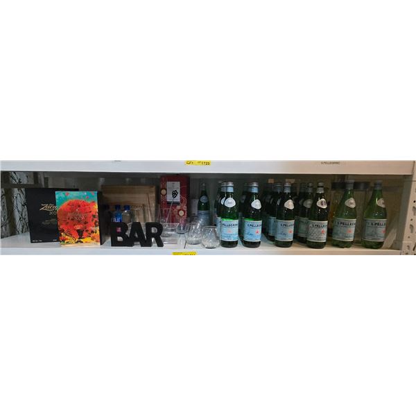 Shelf - San Pellegrino Bottles, "Bar" Sign, Glasses, Muddler, Etc.