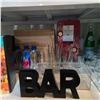 Image 3 : Shelf - San Pellegrino Bottles, "Bar" Sign, Glasses, Muddler, Etc.