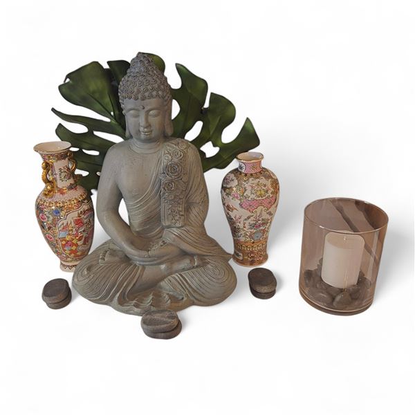 Group - Cloisenet Vases w/ Buddha Statue, Rocks & Candle