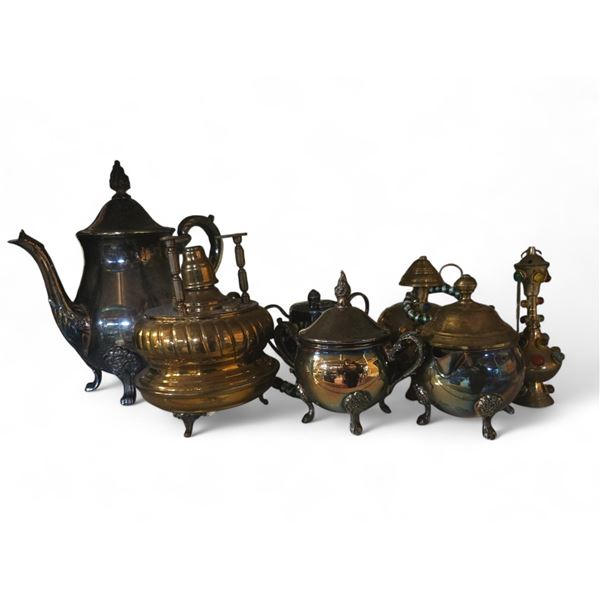 Silver Serving Ware Including Teapot, Creamers, Trays, Bowls, Cups, Etc.