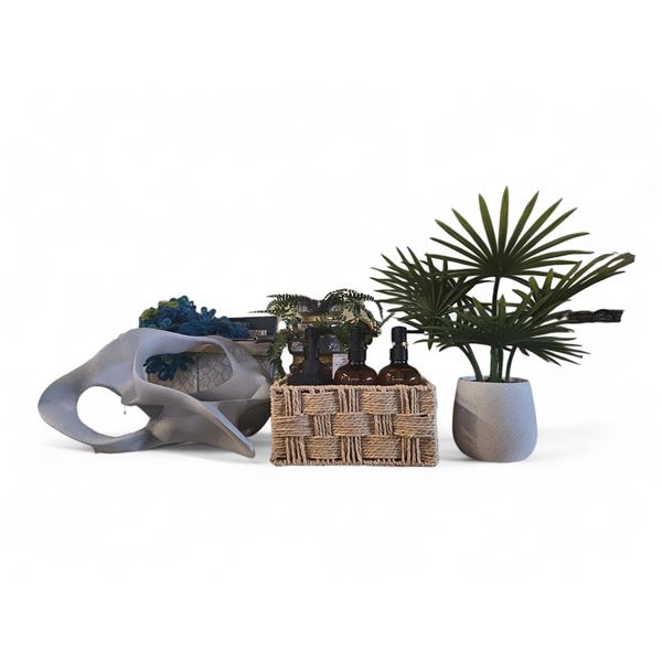 Group - Modern Décor Piece, Vases, Faux Plants, Wicker Basket w/ Pump Bottles, etc.
