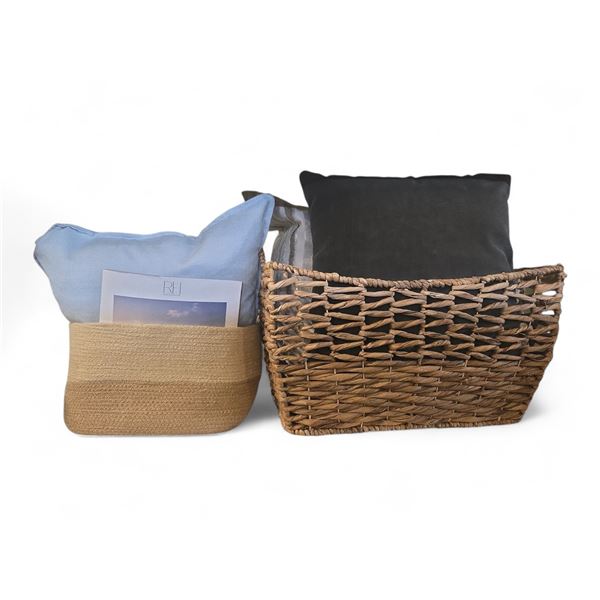 Group - Wicker Basket w/ Pillows, Cream/Beige Coloured Basket, etc.
