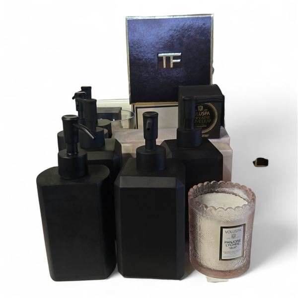 Group - Hand Soap/Lotion Black Pump Bottles, Candle & Empty Designer boxes