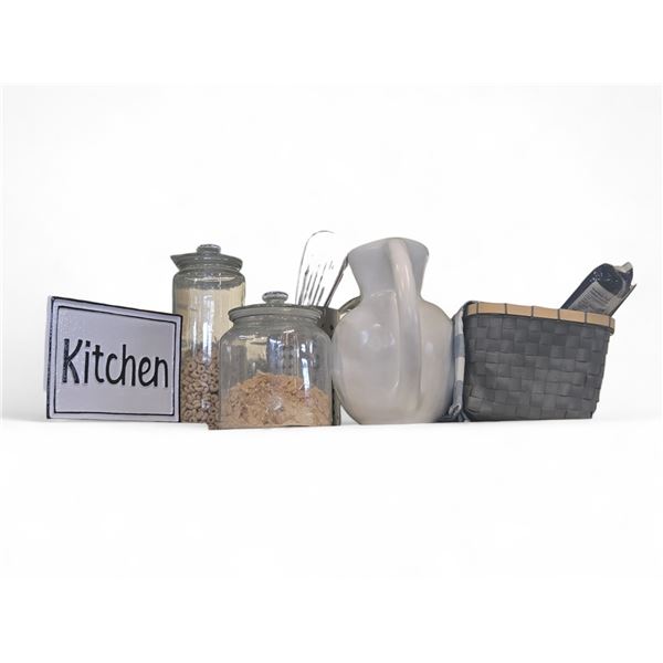 Group - Misc. Kitchen Glass Jars, Utensils, Basket, Etc.