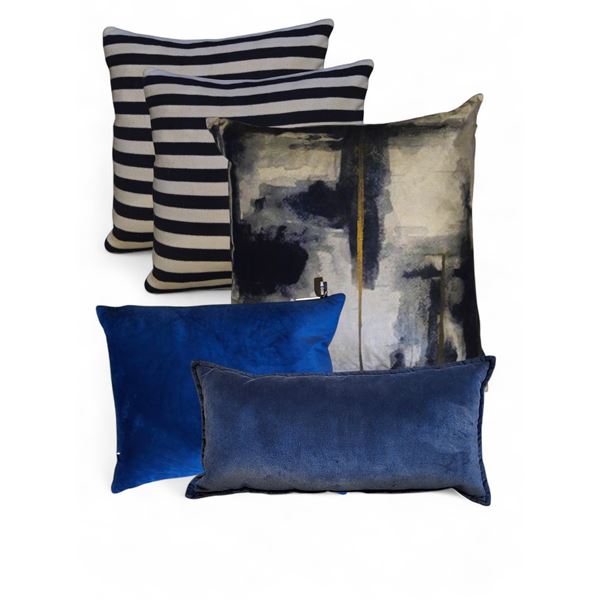 Shelf - x5 Throw Pillows - Black & White Striped, Abstract Design, Blue, Black