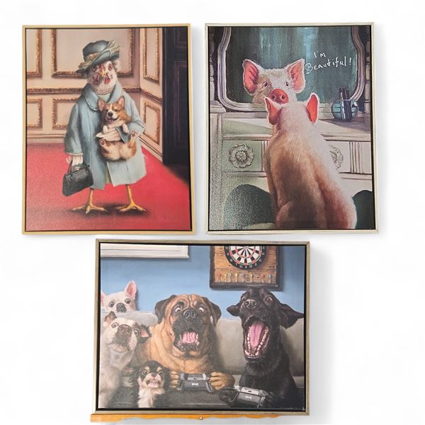 Pig & Chicken Prints on Canvas 17x21" &  Dogs Print on Canvas 21x17"