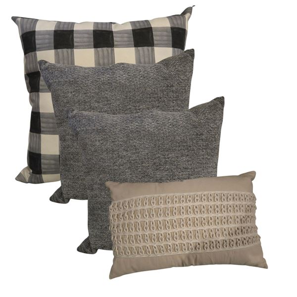 Shelf - x4 Throw Pillows - Blue/Grey, Cream w Woven Link & Black & White Checkered