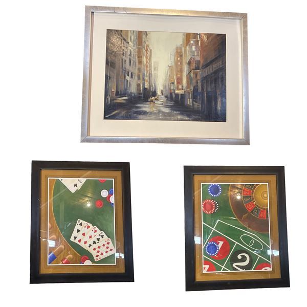 3 pc - Games & Poker Pictures 23x19" & City Picture 21x17"