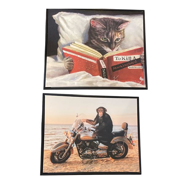 2 pc - Monley on Motorcycle & Cat Reading Pictures - 21x17"
