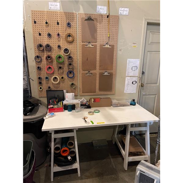 Desk & Contents Including Heater, Clip Boards, Tape, Shrink Wrap, Etc. - 60x28x29.5"