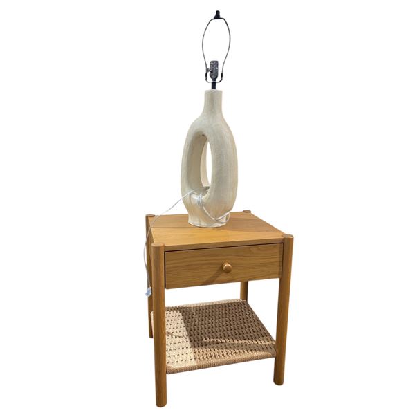 Modern Ceramic Table Lamp with Wooden Nightstand & Woven Shelf - 17.5" L x 19" W x 24" H