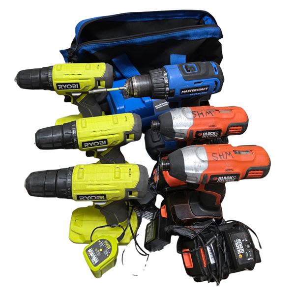 Group of 6-Pcs Ryobi, Mastercraft, Black & Decker Drill / Driver