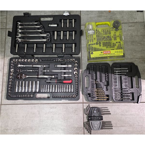 Mixed Hand Tools Lot: Socket & Wrench Set, Drill Bit Set, Ryobi Kit and Pipe Clamps