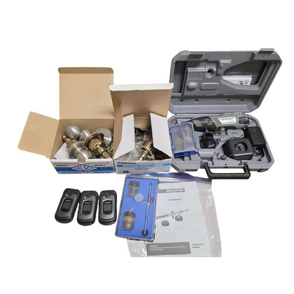 Dremel 8220 Rotary Tool Kit, Mastercraft Airbrush Kit, Door Locksets (Halsco/Taymor), and 3 Kyocera 