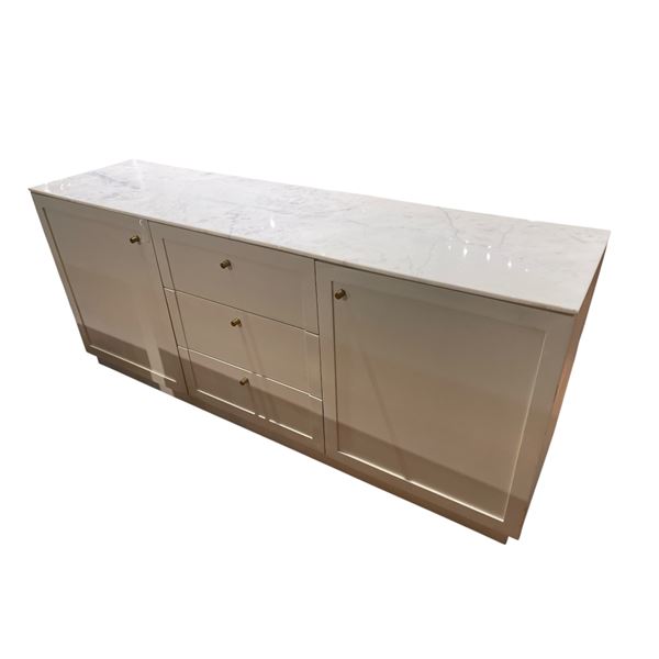 White Cabinet Sideboard w/ Marble-Style Top 78" L x 20" W x 33.5" H