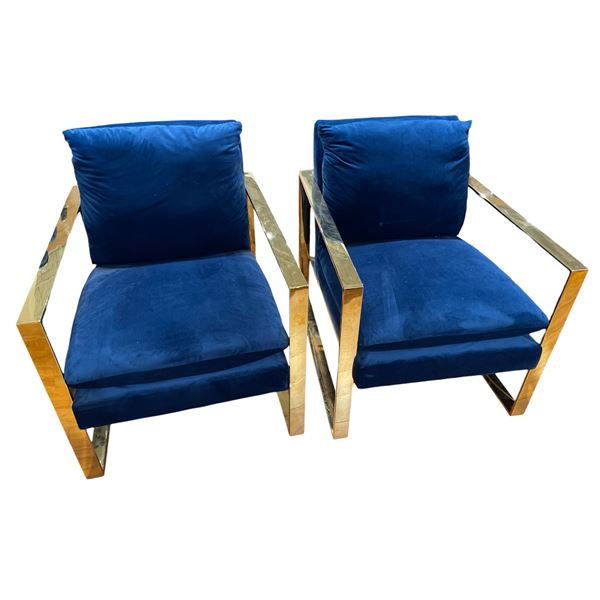 Pair of Blue Velvet Armchairs w/ Gold-Tone Frames