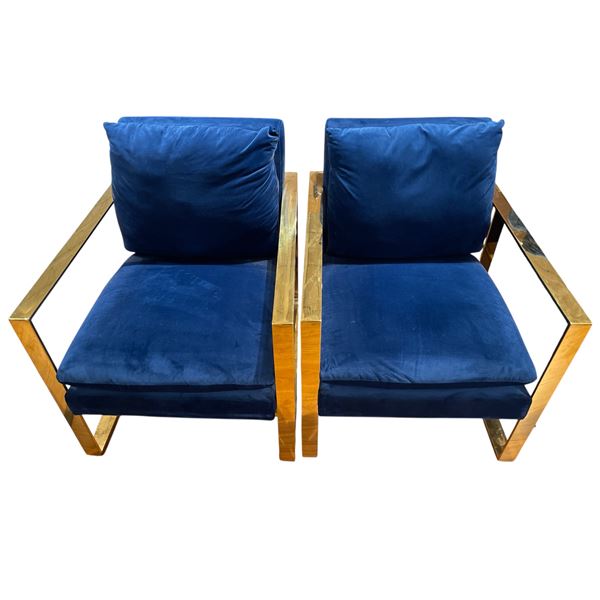 Pair of Blue Velvet Armchairs w/ Gold-Tone Frames