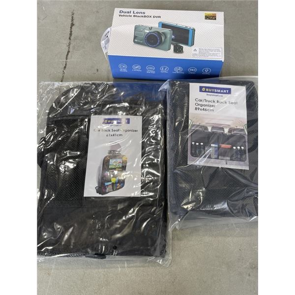 2 NEW BACK SEAT CAR ORGANIZERS AND DUAL LENSE VEHICLE DVR