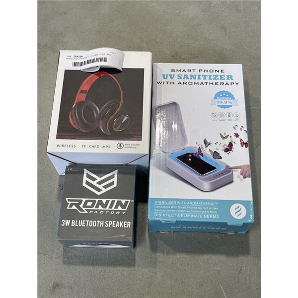 WIRELESS HEADSET, UV SANITIZER, AND BLUETOOTH SPEAKER