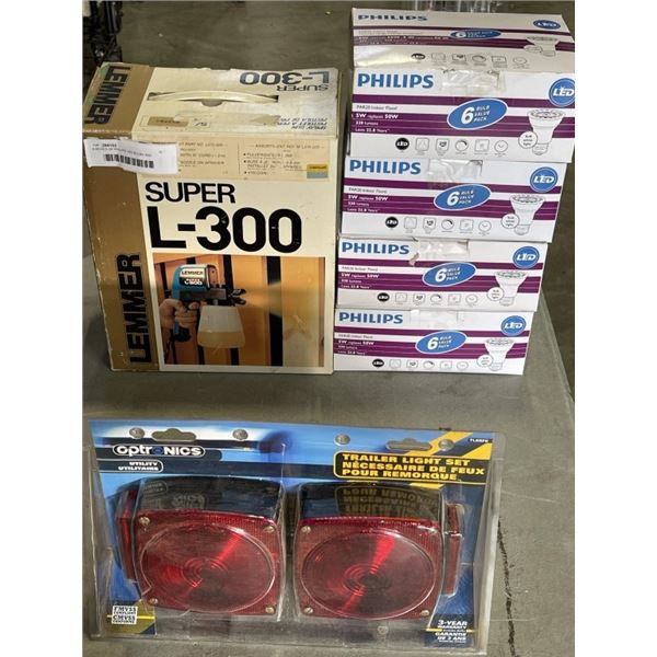 4 BOXES OF PHILIPS LED BULBS, TRAILER LIGHTS,  AND SUPER L-300 SPRAYER