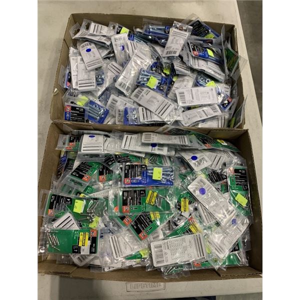 2 TRAYS OF NEW ASSORTED HARDWARE, NUTS, BOLTS, SCREWS ETC