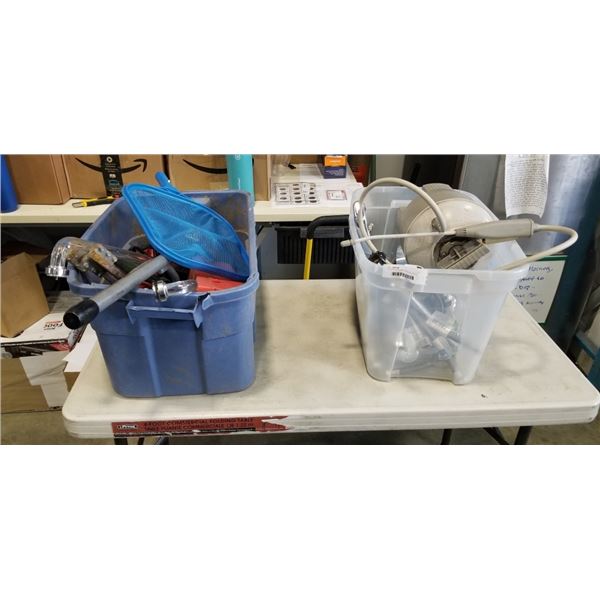 2 TOTES OF PLUMBING SUPPLIES, TOOLS, ETC