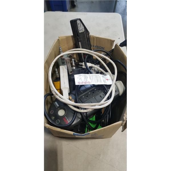 BOX OF ASSORTED CORDS AND NAIL GUNS