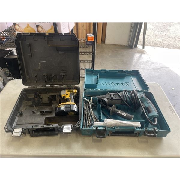 MAKITA HAMMER DRILL SET IN CASE AND DEWALT DRILL ONLY