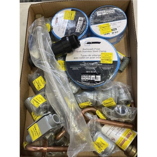 BOX OF NEW OUTFLOW HOSE, WATER LINE AND MORE