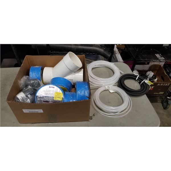 BOX OF NEW OUTFLOW HOSE, WATER LINE AND MORE