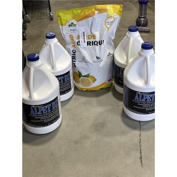 4 - 4L JUGS OF AVMOR ALPET HARD SURFACE SANITIZER AND BAG OF CITRIC ACID