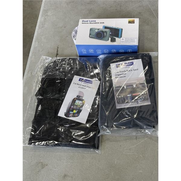2 NEW BACK SEAT CAR ORGANIZERS AND DUAL LENSE VEHICLE DVR