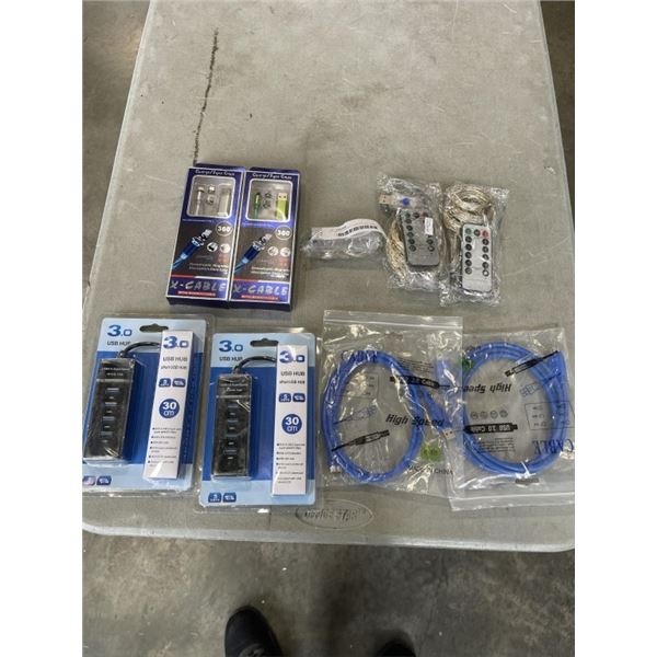 LOT OF CHARGING CABLES, CAT CABLE, USB LED LIGHTS, ETC