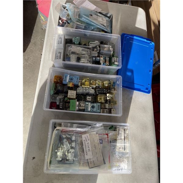 3 TOTES AND TRAY OF VINTAGE ELECTRICAL REPAIR, TESTING, CONTACT ETC