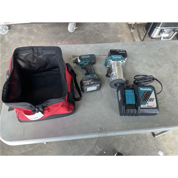 MAKITA CORDLESS 18V DRT50 ROUTER, AND IMPACT GUN, 2 3.0AH BATTERIES, CHARGER AND CARRY BAG, ALL TEST