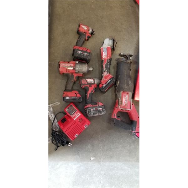 MILWAUKEE M18 5PC TOOL COMBO, INLCUDING 3/4" FUEL ONE KEY IMPACT WRENCH, 4-1/2 INCH GRINDER, RECIPRO