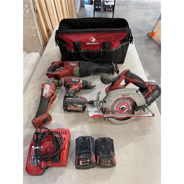 MILWAUKEE 4PC TOOLCOMBO, INCLUDING CIRCULAR SAW, RECPROCATING SAW, GRINDER AND 1/2 INCH DRILL, WITH 