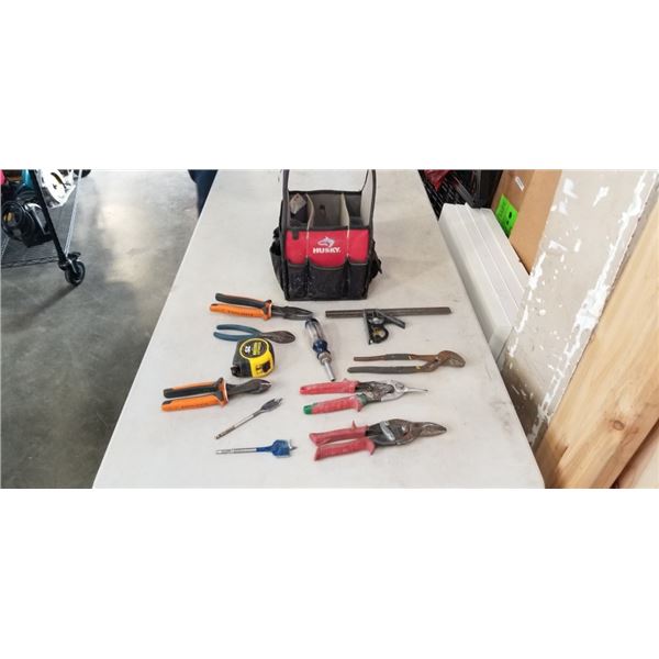 HUSKY TOOL TOTE FULL OF ASSORTED HAND TOOLS