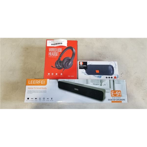 DESKTOP SPEAKER, WIRED USB HEADSET, AND BLUETOOTH SPEAKER