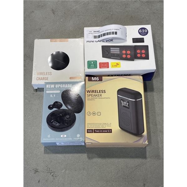 WIRELESS SPEAKER, HANDHELD GAMER, WIRELESS EARBUDS, AND WIRELESS CHARGER