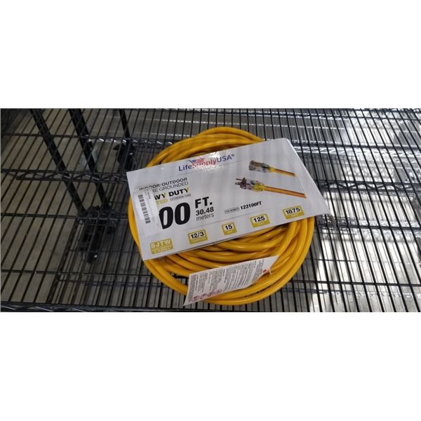 CUT WIRE,  INDOOR OUTDOOR HEAVY DUTY 3 WIRE LIGHTED 100FT EXTENSION CORD, 12AWG, YELLOW CUT NEAR OND