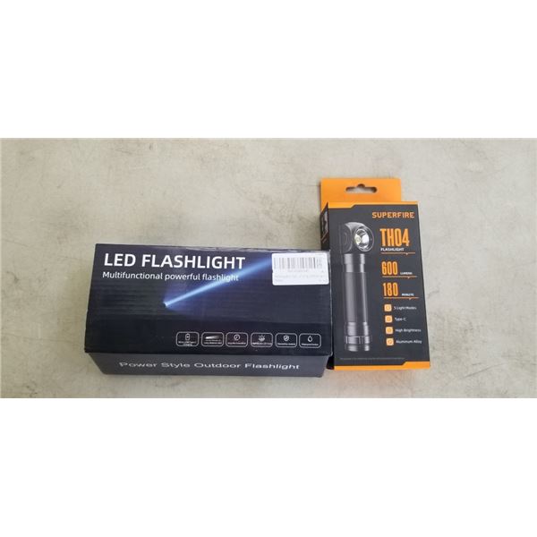 2 NEW LED FLASHLIGHTS - 1 SUPERFIRE TH04 600 LUMEN LED FLASHLIGHT, WITH 5 LIGHT MODES, TYPE C CHARGE