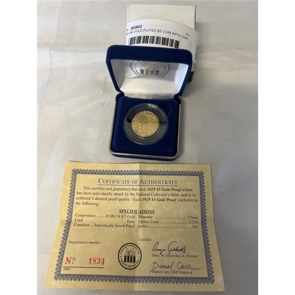 1929 24K GOLD PLATED $5 COIN WITH COA