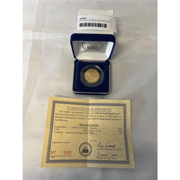 1929 24K GOLD PLATED $5 COIN WITH COA