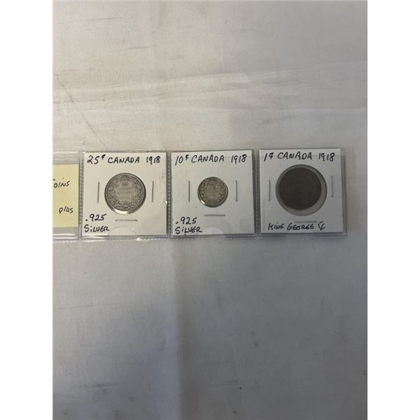 3 - 1918 CANADIAN COINS 25 CENT, 10 CENT .925 SILVER PLUS LARGE CENT