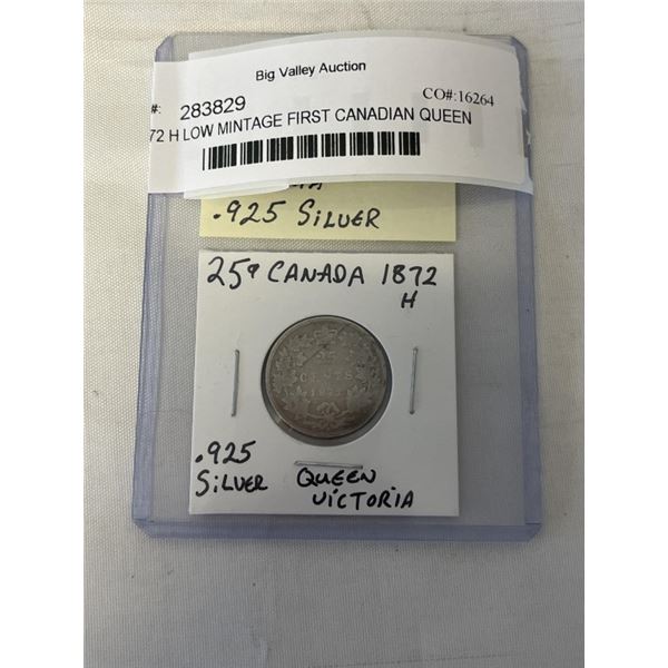 1872 H LOW MINTAGE FIRST CANADIAN QUEEN VICTORIA 25 CENT .925 SILVER
